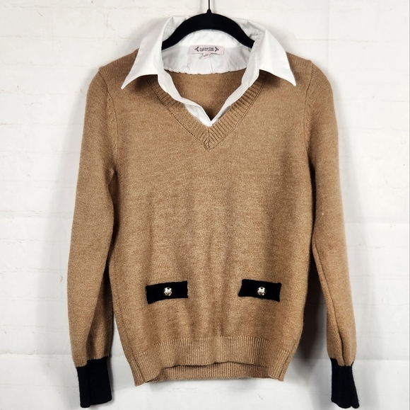 Nanette Lepore Preppy Casual Workwear Twofer Knit Sweater Blouse Camel/Tan XS - Picture 2 of 13